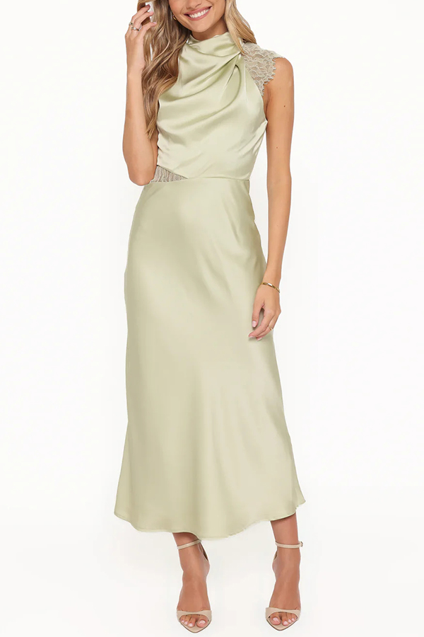 Touch of Allure Satin Drape High Neck Lace Detail Maxi Dress