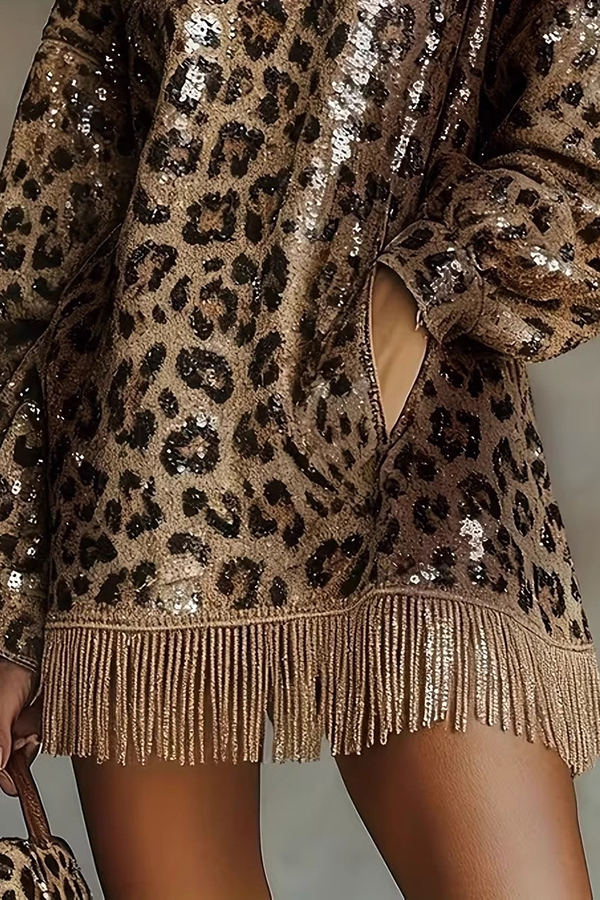 Stylish Leopard Print Sequined Turtleneck Long-sleeved Tassel Hem Loose Mini Dress-consonak