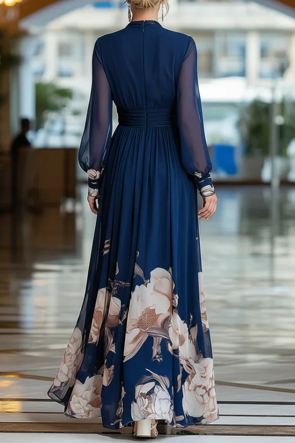 Floral Print Patchwork Mesh Long-sleeved V-neck Fitted Waist Maxi Dress | Consonak