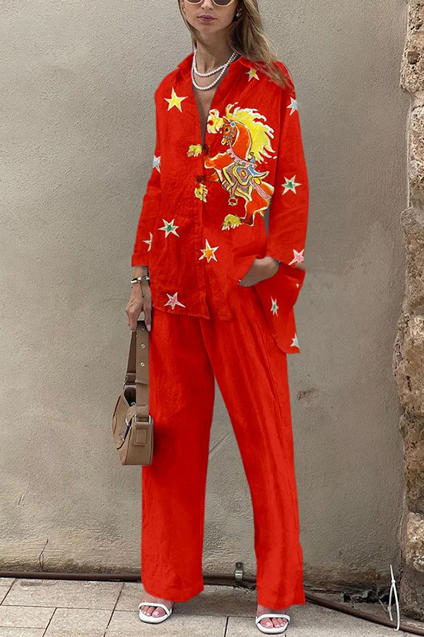 Horse Print Oversized Long Sleeved Shirt and Elastic Waist Pocket Pants Set-consonak