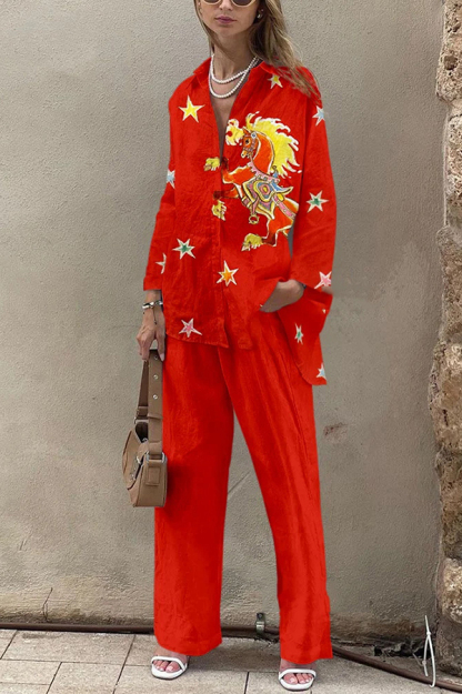 Horse Print Oversized Long Sleeved Shirt and Elastic Waist Pocket Pants Set-consonak