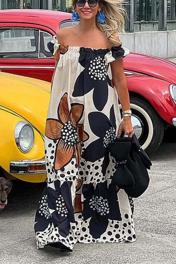 Bloom Season Linen Blend Floral Printed Off Shoulder Pocketed A-line Maxi Dress-consonak