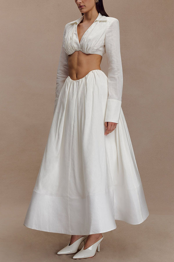 Greta Linen Blend Bra-style Gathered Long Sleeve Crop Shirt and Mid Rise Pocket Umbrella Skirt Set