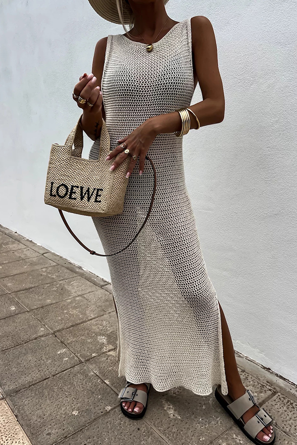 Solid Color Knitted Cutout Slit Slim Fit Maxi Dress-consonak