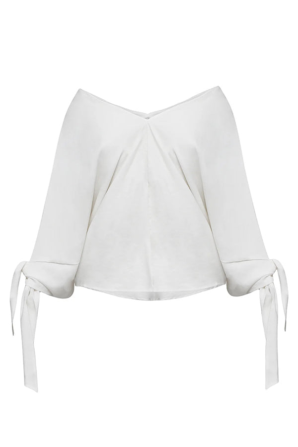 Joyful Bond Linen Blend V-neck Knotted Cuff Half Sleeve Loose Top | Consonak