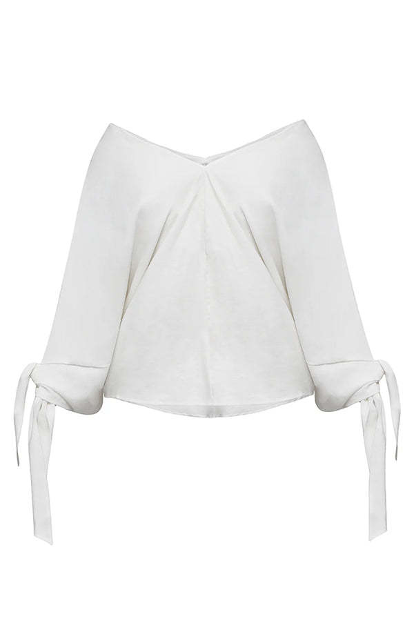 Joyful Bond Linen Blend V-neck Knotted Cuff Half Sleeve Loose Top-consonak