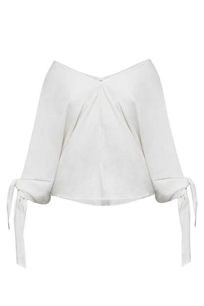 Joyful Bond Linen Blend V-neck Knotted Cuff Half Sleeve Loose Top-consonak