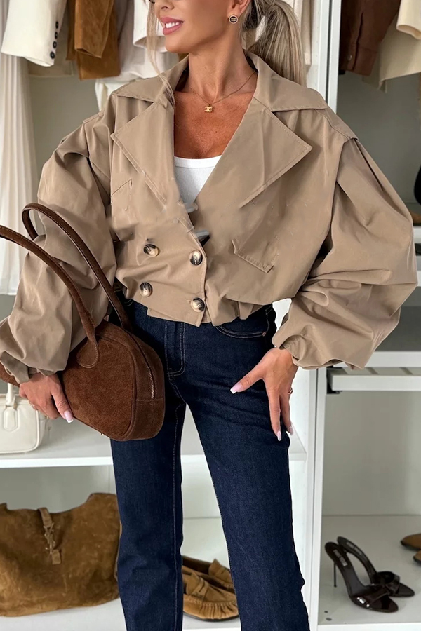 Fashion Style Button Long Balloon Sleeve Pocket Lapel Casual Bomber Jacket-consonak