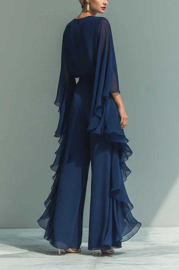 Chic Midnight Blue Ruffled Overlay Wide-Leg Pantsuit-Consonak