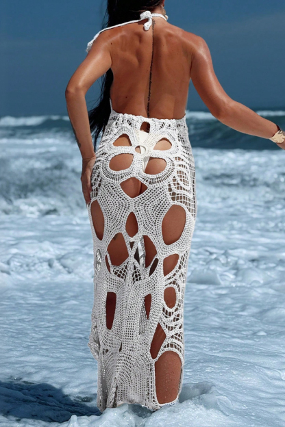 Solid Color Halter Neck Backless Hollow-out Fitted Cover-up Maxi Dress-consonak