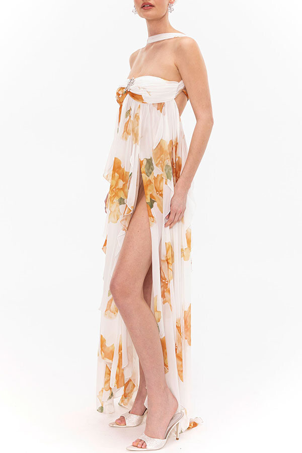 Romance and Freedom Floral Print Ruffles Halter Backless Slit Maxi Dress-consonak