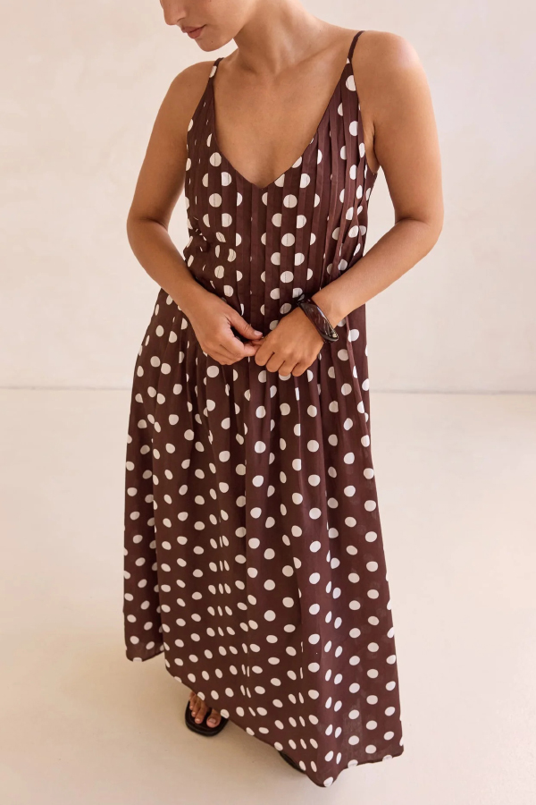 Polka Dot Print V-neck Pleated Casual Vacation Maxi Dress-consonak
