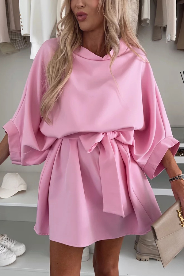Solid Color Loose Round Neck Belted Mini Dress | Consonak