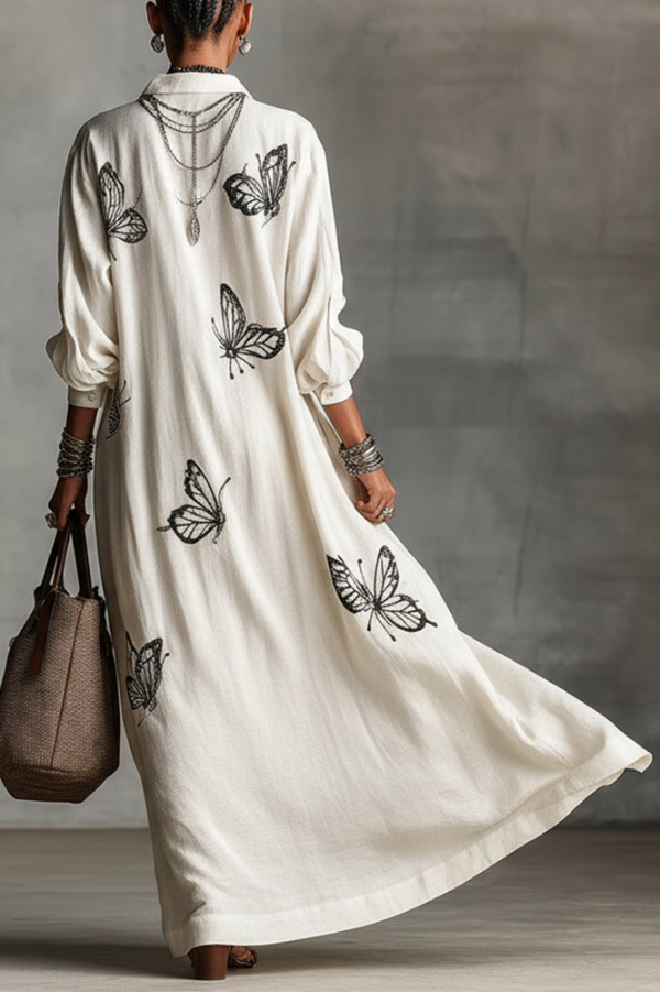 Butterfly Print V-Neck Long Sleeve Loose Casual Maxi Dress