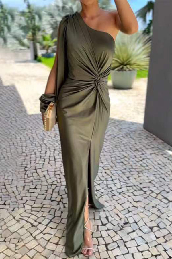 Country Party Charm Satin One Shoulder Twist Detail Slit Maxi Dress | Consonak