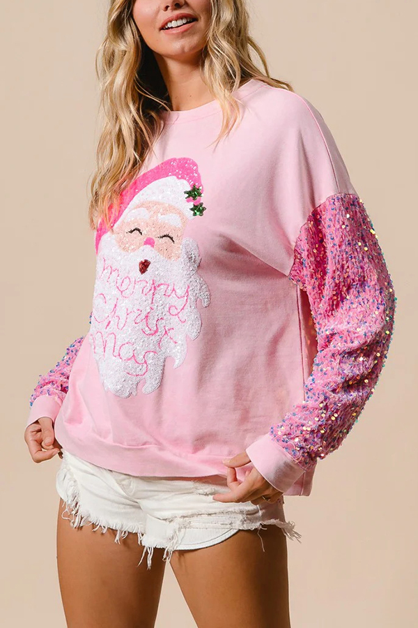 Christmas Casual Loose Round Neck Sequined Sleeve Sweatshirt | Consonak