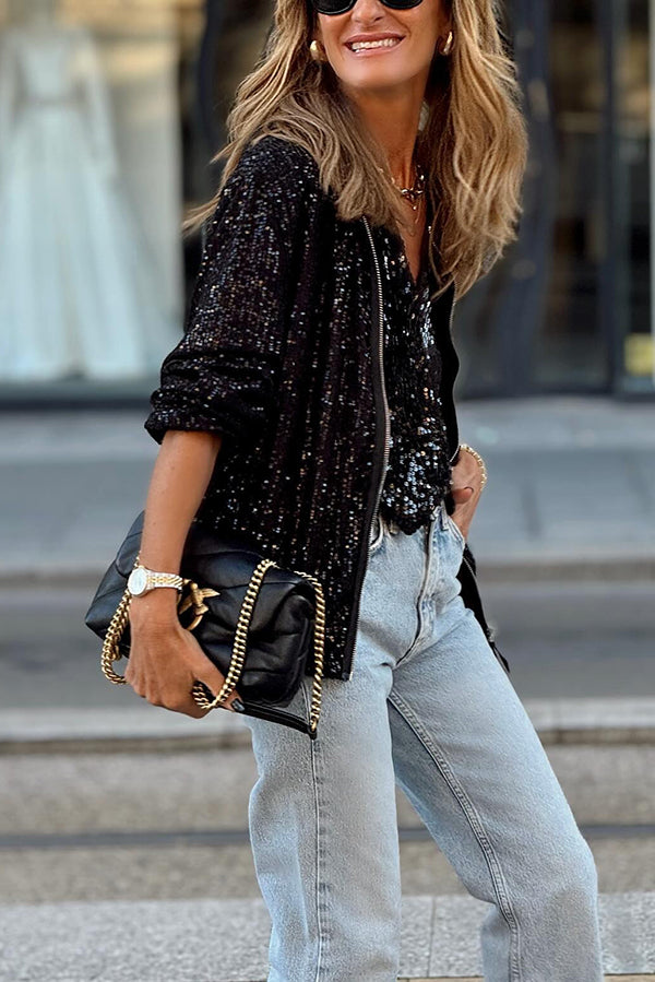 Star Kisses Sequin Zipped Long Sleeve Relaxed or Party Coat-consonak