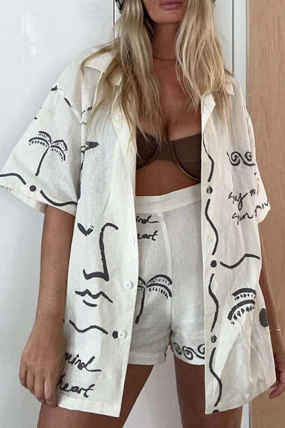 Free and True Linen Blend Hand-painted Print Blouse and Pocketed Shorts Set-consonak