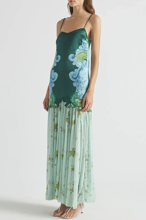 Fresh Bloom Unique Print Satin and Pleated Tulle Hem Slip Maxi Dress