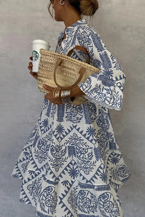 Unique Printed V-neck Bell Sleeve Mini Dress-consonak