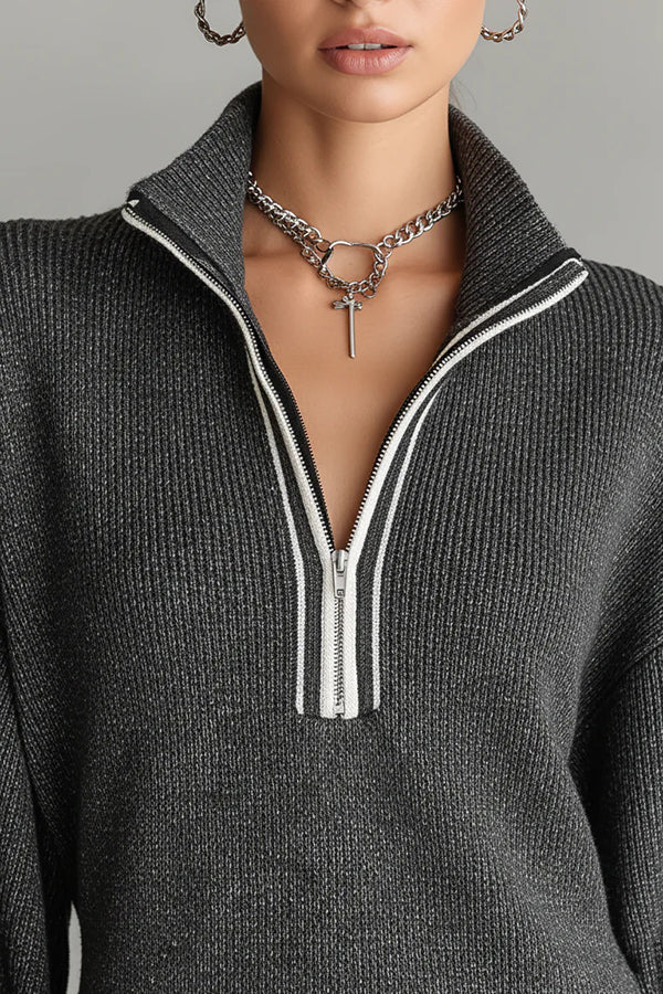 Fashionable Loose-fitting Long-sleeved Collared Zip-up Casual Knitted Mini Dress-consonak