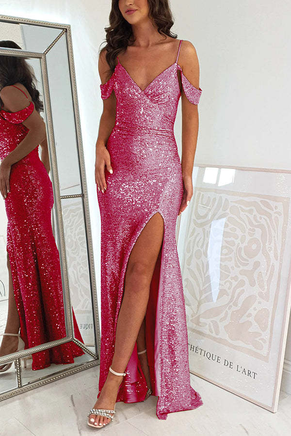 Prom Dreamland Sequin Cold Shoulder Ruched Slit Maxi Dress-consonak