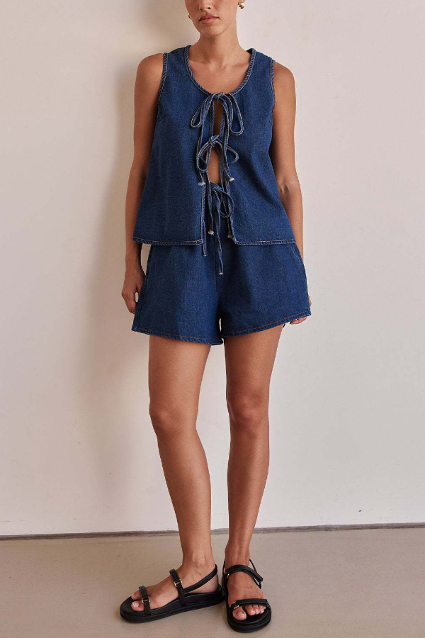 Stylish Sleeveless Round Neck Tie-up Casual Denim Vest