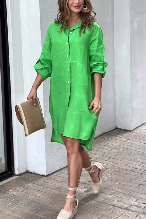 Linen Blend Solid Long Sleeve Button-Down Shirt Style Mini Dress-consonak