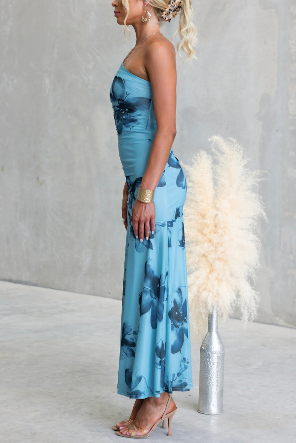 Floral Print Elegant Mesh Off-shoulder Fitted Maxi Dress-consonak