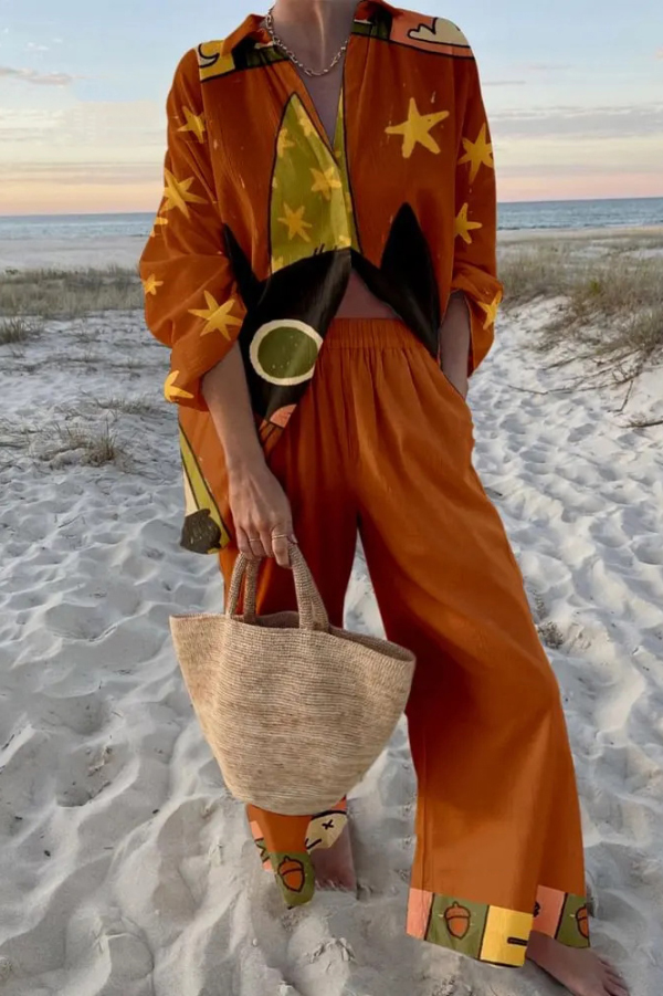Star and Kitten Print Oversized Shirt and Elastic Waist Pocket Pants Set
