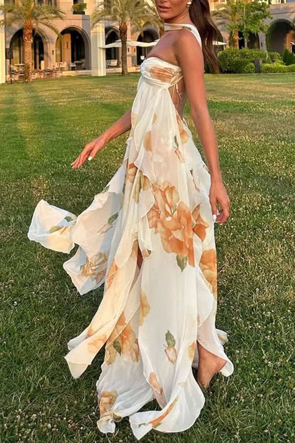 Mariah Floral Print Starfish Brooch Inverted Halter Neck Slit Ruffles Maxi Dress | Consonak