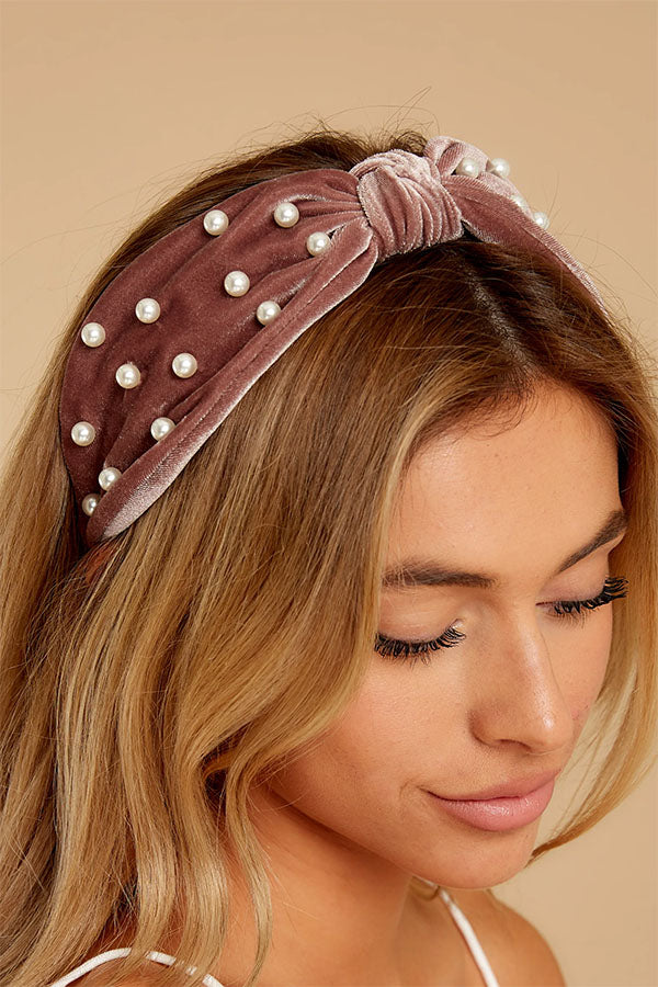 Gold Velvet Pearl Knotted Headband-consonak