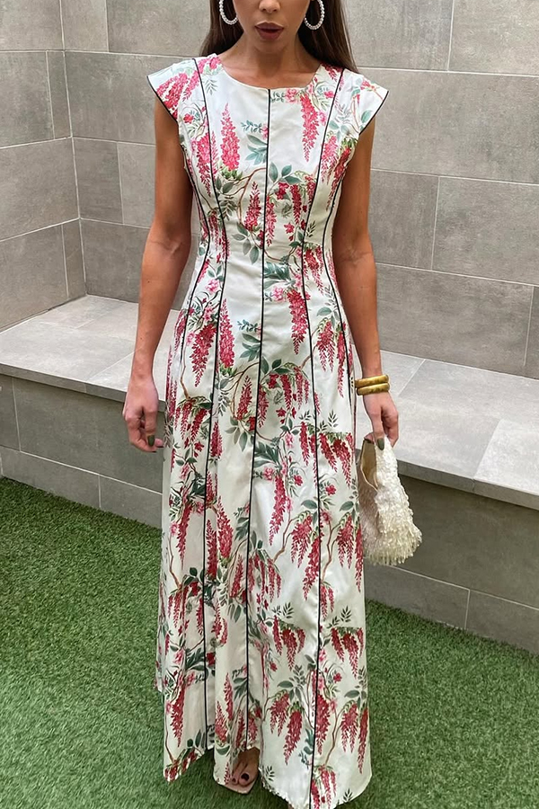 Kaydien Linen Blend Floral Print Contrast Princess Line Short Sleeve Maxi Dress-consonak