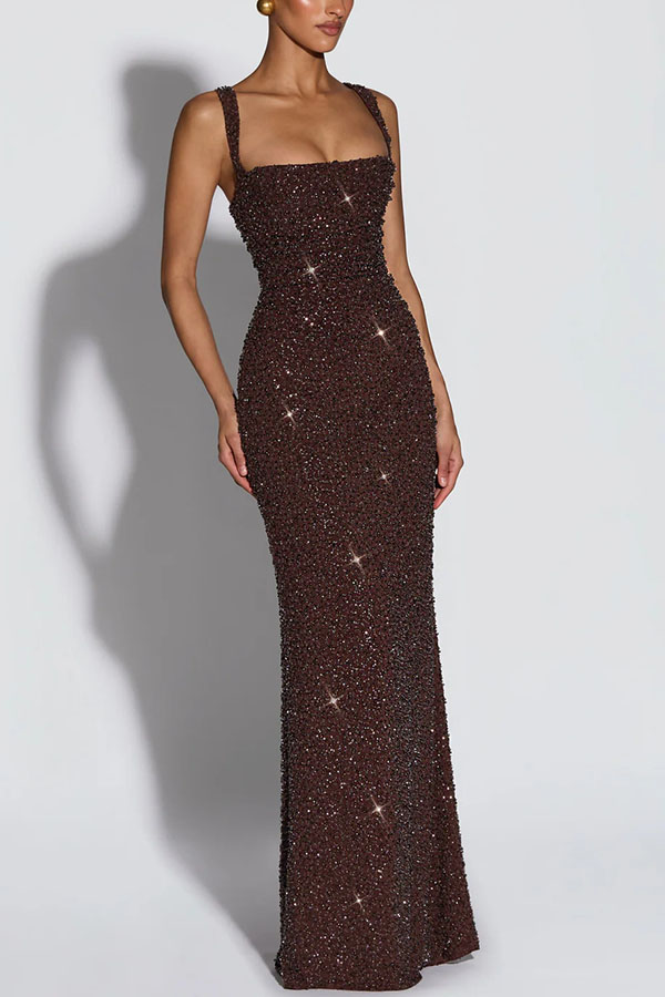 Calanthe Sequin Embellished Chiffon Ruched Square Neck Back Lace-up Maxi Dress | Consonak