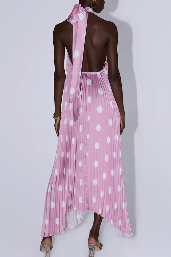 Opera Pleated Satin Polka Dot Print High Neck Cutout Halter Maxi Dress-consonak