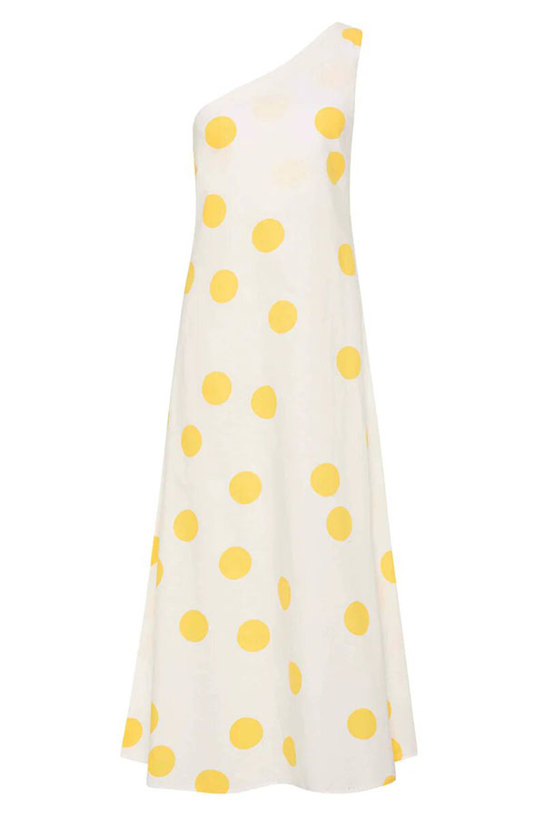 Sunlight Shines Linen Blend Colorblock Polka Dot Print One Shoulder A-line Maxi Dress-consonak