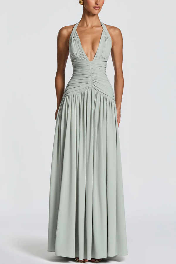 Amaris Halter Tie-up V-neck Ruched Detail Back Lace-up Slit Drape Maxi Dress | Consonak