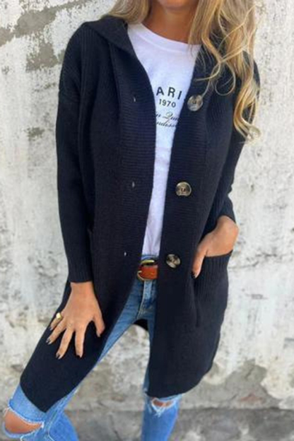 Solid Color Hooded Pocket Mid-length Knitted Cardigan-consonak