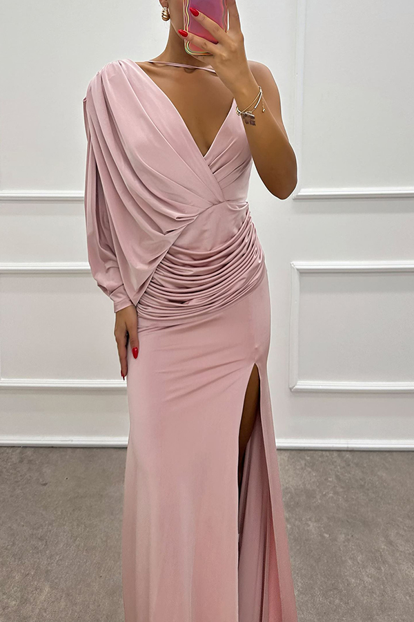 Like Venus One Shoulder Bat Sleeve Ruched Detail Slit Gown Maxi Dress-consonak