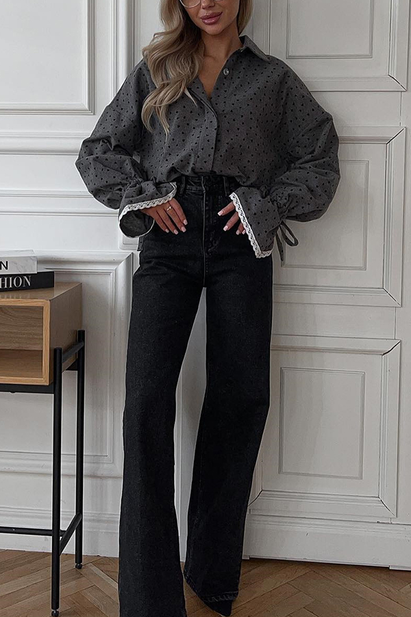 Fashionable Love Polka Dot Lapel Lace Cuffs Casual Shirt-consonak