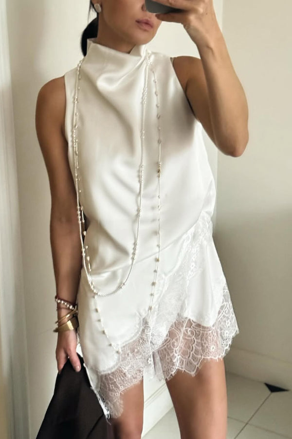 Solid Color Satin Spliced lace Sleeveless Irregular Casual Top