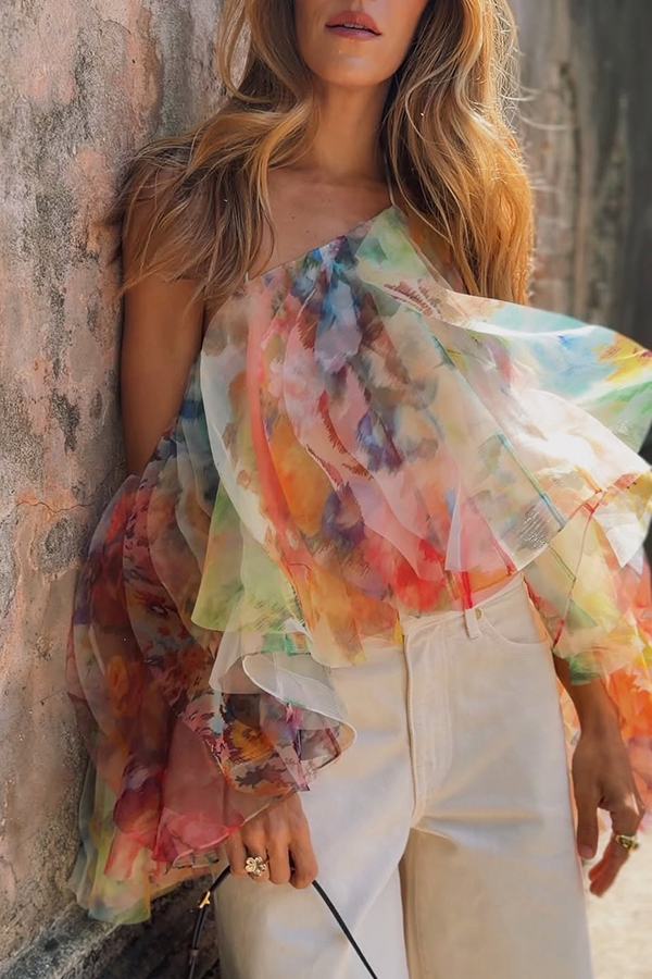 Dreamy Piece Floral Rendered Print Layered Ruffles Fanned Halter Top