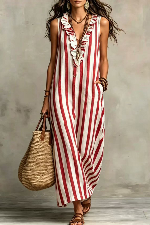 Fashionable Striped Print V-neck Ruffled Sleeveless Pockets Casual Midi Dress | Consonak