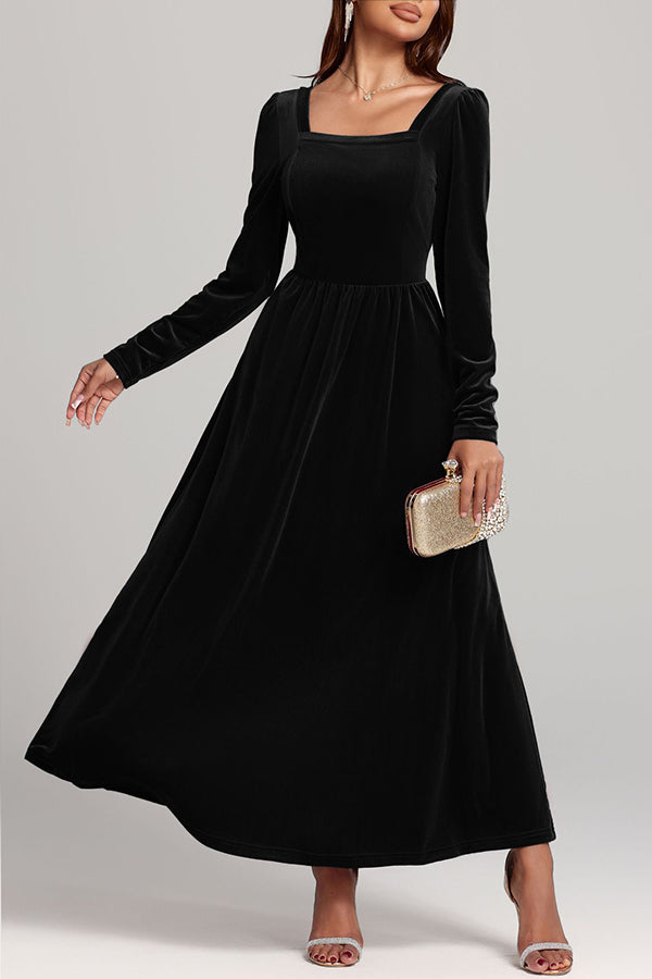Solid Color Velvet Square Neck Long Sleeve Elegant Maxi Dress-consonak