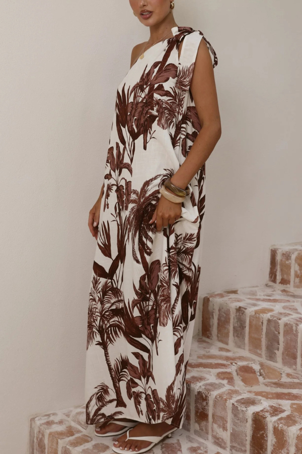 Botanical Print Sleeveless One-shoulder Casual Vacation Maxi Dress-consonak