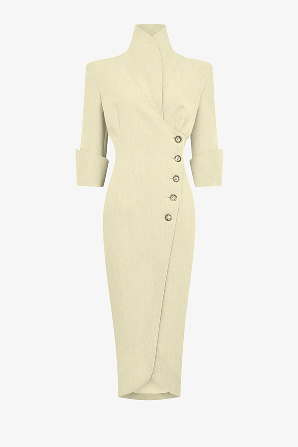 Elegant Look Linen Blend Stand Lapel Neck Half Sleeve Side Button Midi Dress-consonak