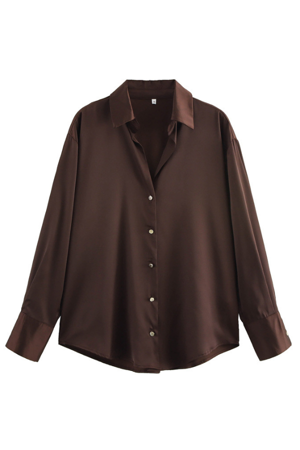 Solid Color Silk Satin Texture Single-breasted Long-sleeved Loose Shirt