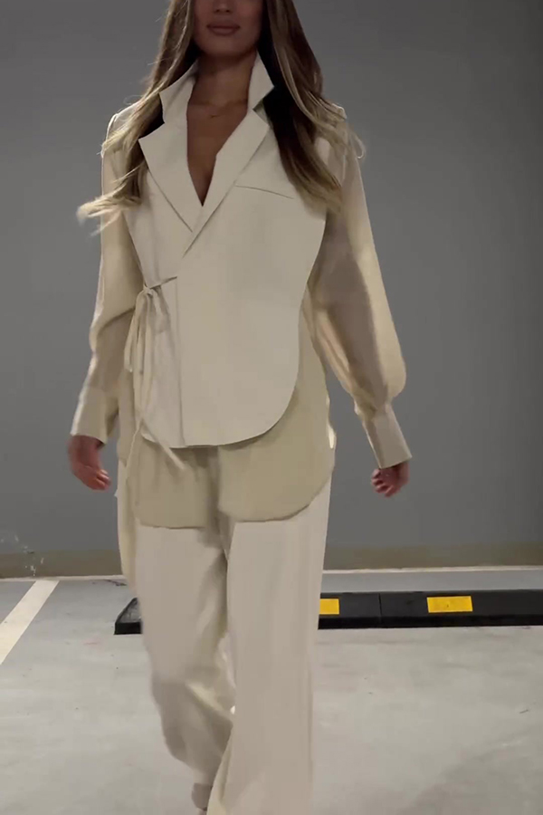 Chic and Elegant Chiffon Patchwork Irregular Lace-up Jacket and Pocketed Straight-leg Pants Set-consonak