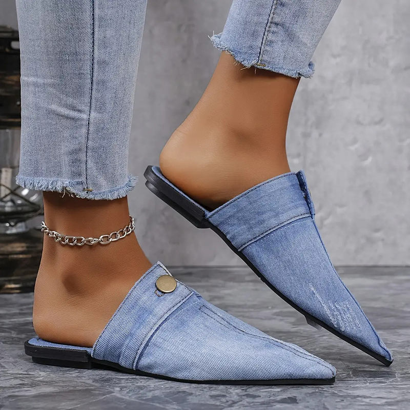 Casual Flat Pointed Toe Denim Slippers-consonak