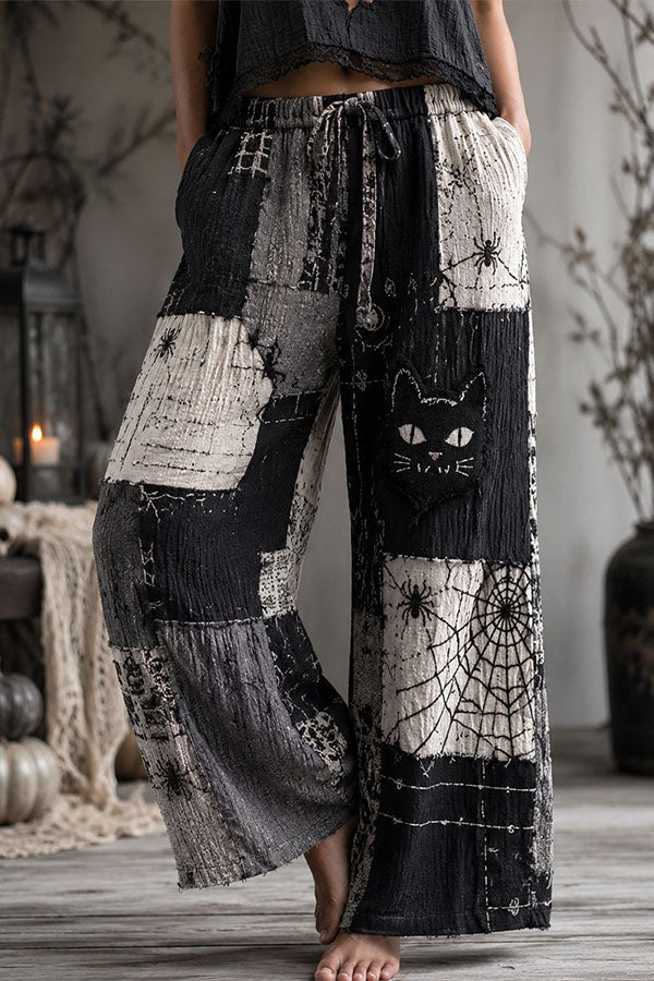 Halloween Dark-themed Printed Wide-Leg Pants-Consonak